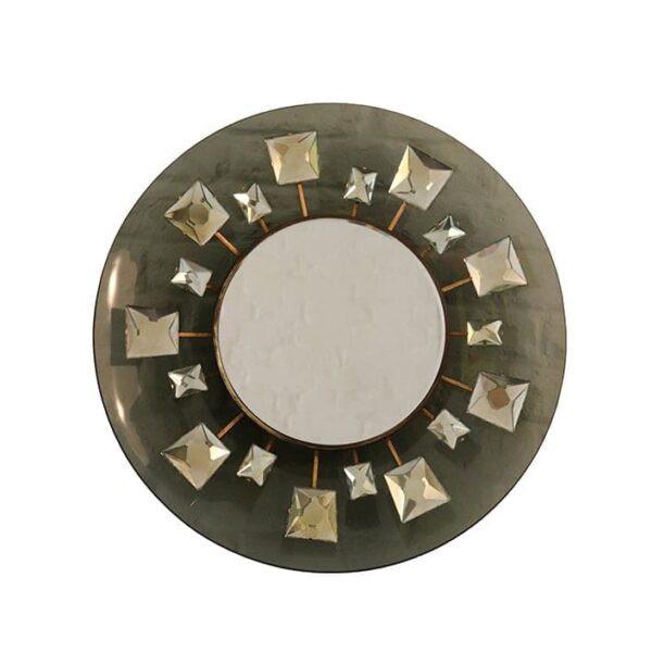 Illuminated mirror in coloured glass, brass and cut crystal. Cristalart. c 1960. Italy web